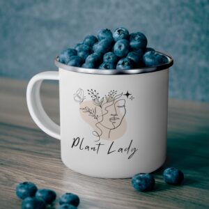 White Enamel Camping Mug 12oz | Plant Lady | Lead & BPA-Free | Perfect for Coffee & Tea
