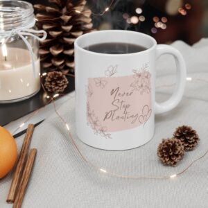 Garden Design Mug 11oz | White Ceramic | Never Stop Planting | Lead & BPA-Free | Perfect for Coffee