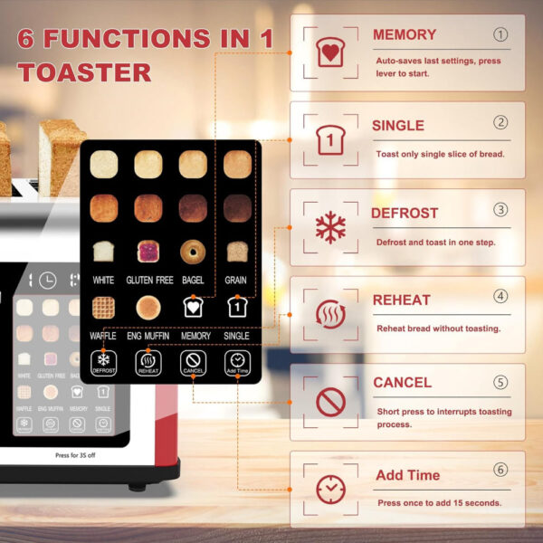 4 Slice Touch Screen Toaster, Stainless Steel Toaster with Dual Controls & Digital Timer - Image 2