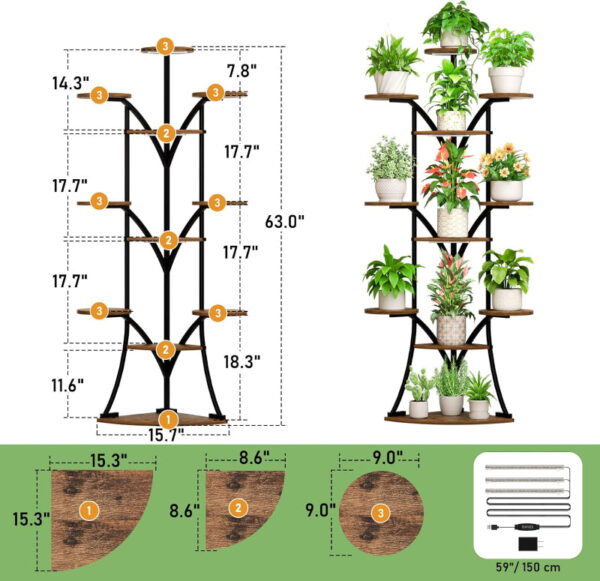 Indoor Plant Stand with Grow Lights, Tall Metal Plant Shelf, Corner Rack For Plants - Image 12
