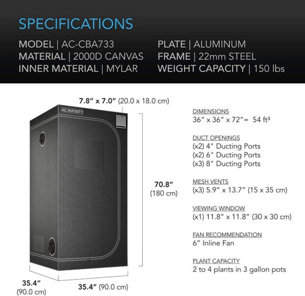 AC Infinity Indoor Grow Tent with 2000D Canvas & Steel Frame 36x36x72 - Image 6