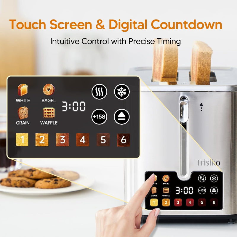 Digital toaster with touch screen and countdown feature, displaying various bread types and a hand interacting with the control panel.