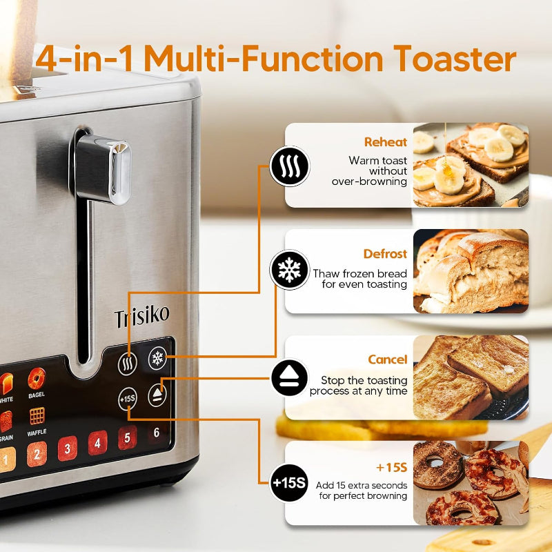 4-in-1 Multi-Function Toaster with features highlighted on a white background