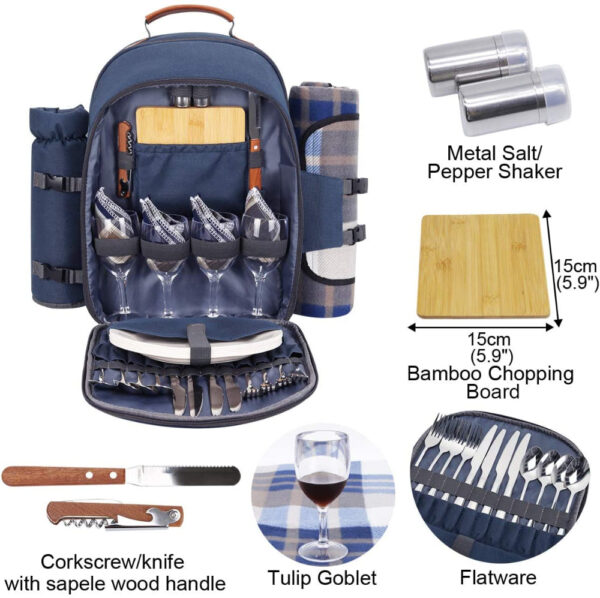 Picnic Backpack for 4 Person | Insulated Waterproof Picnic Basket Set with Tableware, Wine Glasses & Cooler Compartment - Image 3
