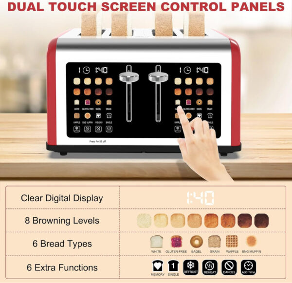 4 Slice Touch Screen Toaster, Stainless Steel Toaster with Dual Controls & Digital Timer - Image 3