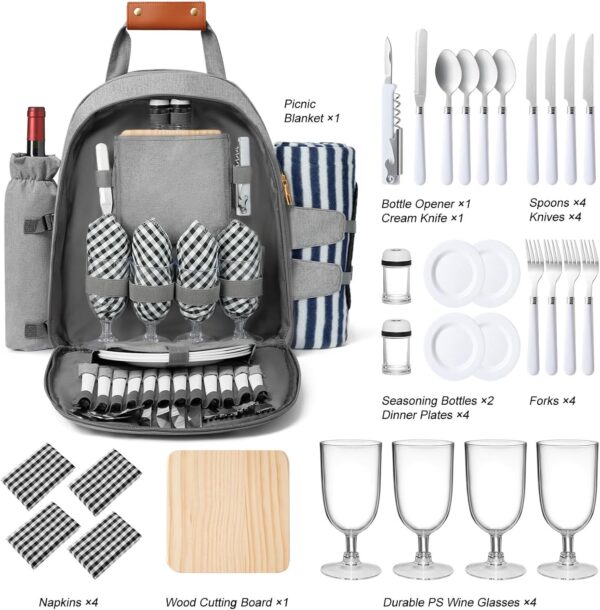 Picnic Backpack for 4 Person | Insulated Waterproof Picnic Basket Set with Tableware, Wine Glasses & Cooler Compartment - Image 8