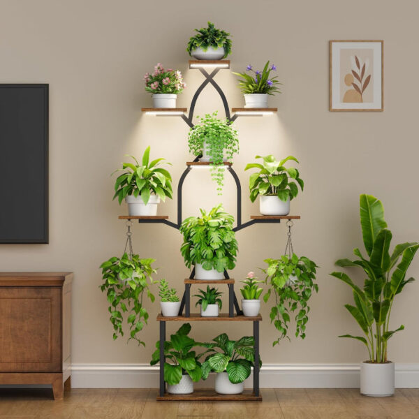 Indoor Plant Stand with Grow Lights, Tall Metal Plant Shelf, Corner Rack For Plants - Image 9