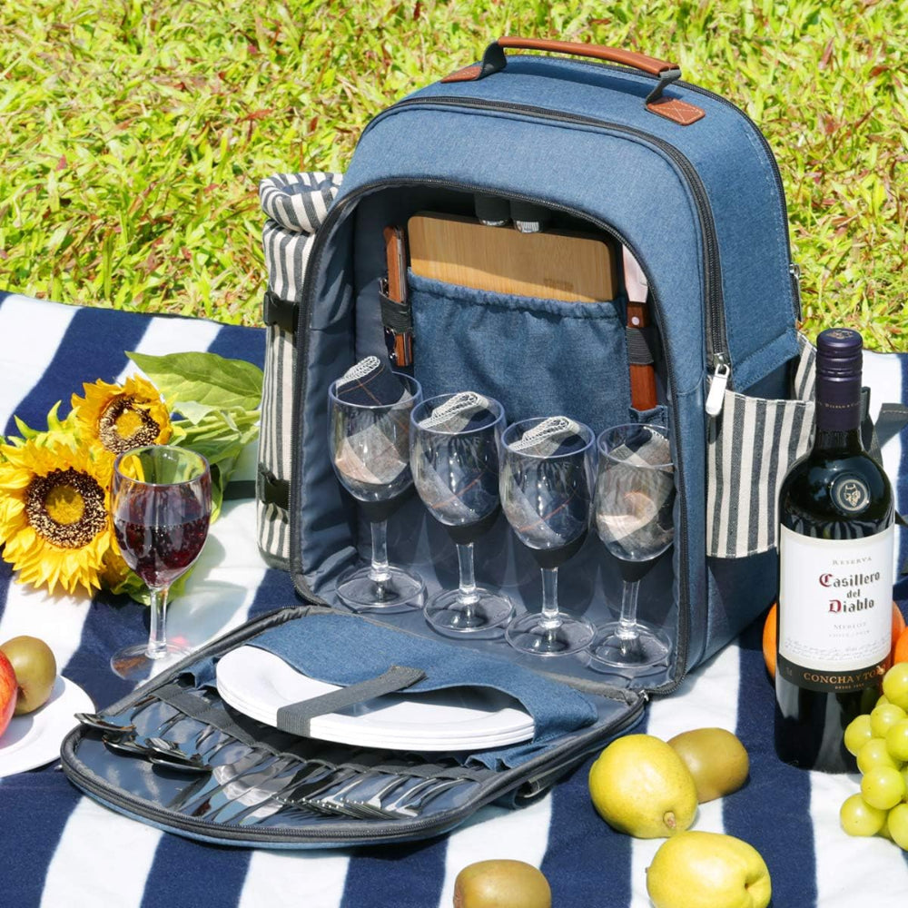 Picnic Backpack for 4 with Cooler | Waterproof Insulated Basket Set