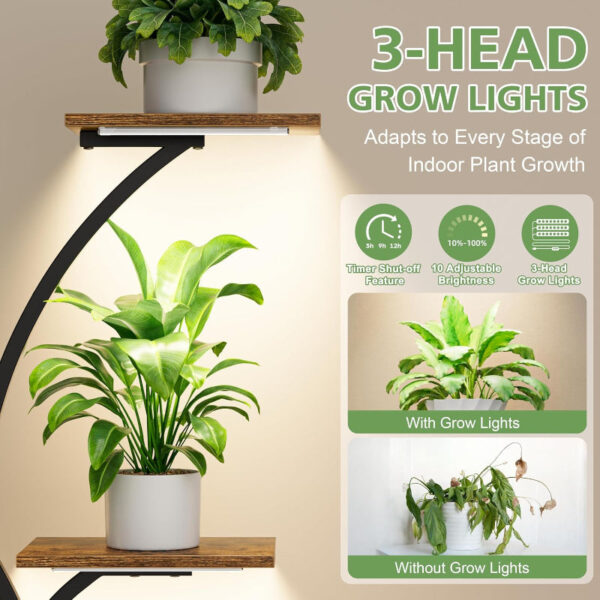 Indoor Plant Stand with Grow Lights, Tall Metal Plant Shelf, Corner Rack For Plants - Image 3