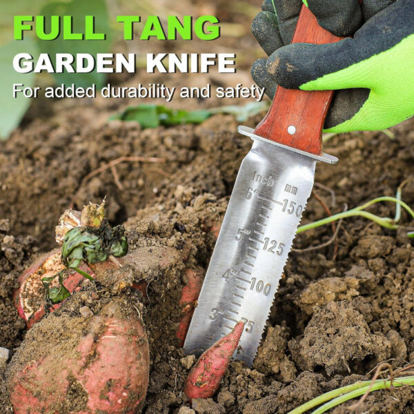 Professional Hori Hori Garden Knife with Leather Sheath - 440 Stainless Steel Blade - Weeding, Digging, Pruning & Cultivating Tool - Image 3