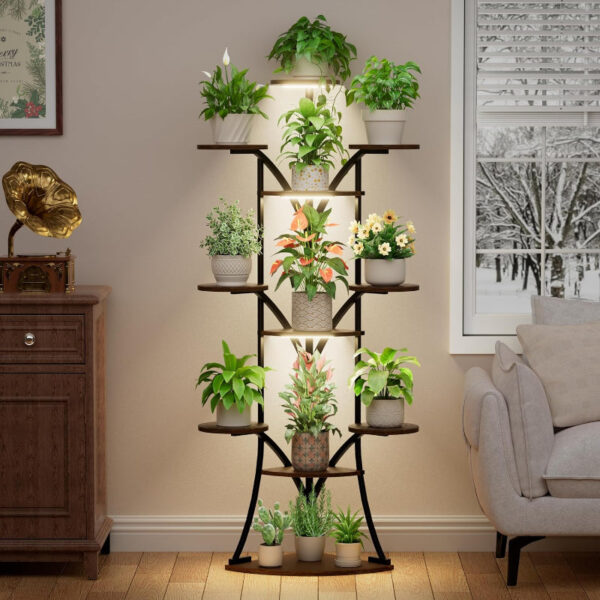 Indoor Plant Stand with Grow Lights, Tall Metal Plant Shelf, Corner Rack For Plants - Image 11