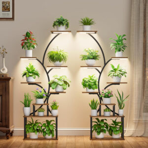 Indoor Plant Stand with Grow Lights, Tall Metal Plant Shelf, Corner Rack For Plants