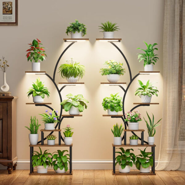 Indoor Plant Stand with Grow Lights, Tall Metal Plant Shelf, Corner Rack For Plants