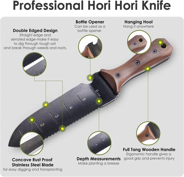 Professional Hori Hori Garden Knife with Leather Sheath - 440 Stainless Steel Blade - Weeding, Digging, Pruning & Cultivating Tool - Image 6