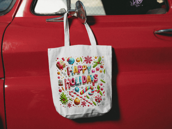 Garden Holiday Tote Bag with 5-Color Straps | 'Happy Holiday' Design | 100% Polyester Canvas